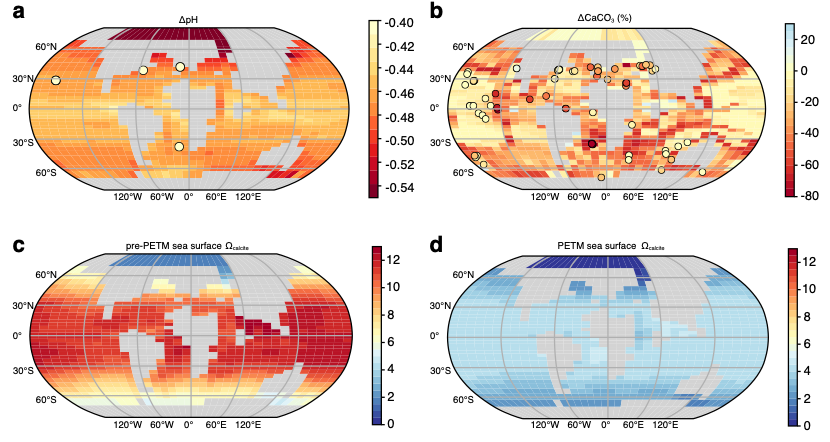 Figure 3. PETM data assimilation. Reconstructed changes in surface-ocean pH, seafloor carbonate content, and carbonate saturation before and during the event.